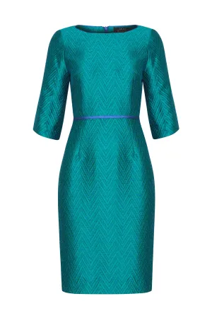 3/4 Sleeve Shift Dress in Emerald/Blue Herringbone - Angela