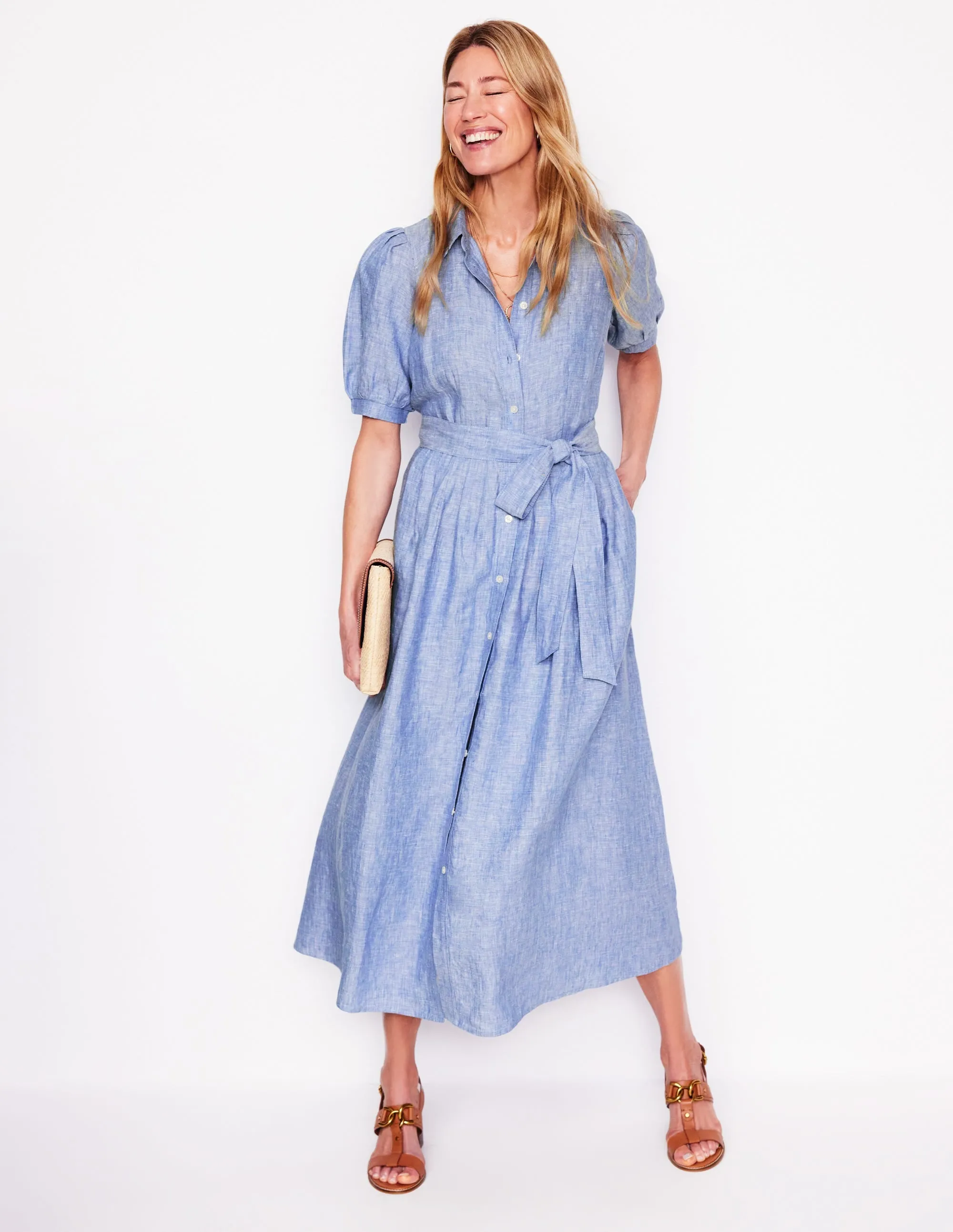 Alexa Linen Maxi Shirt Dress-Grey Blue Chambray