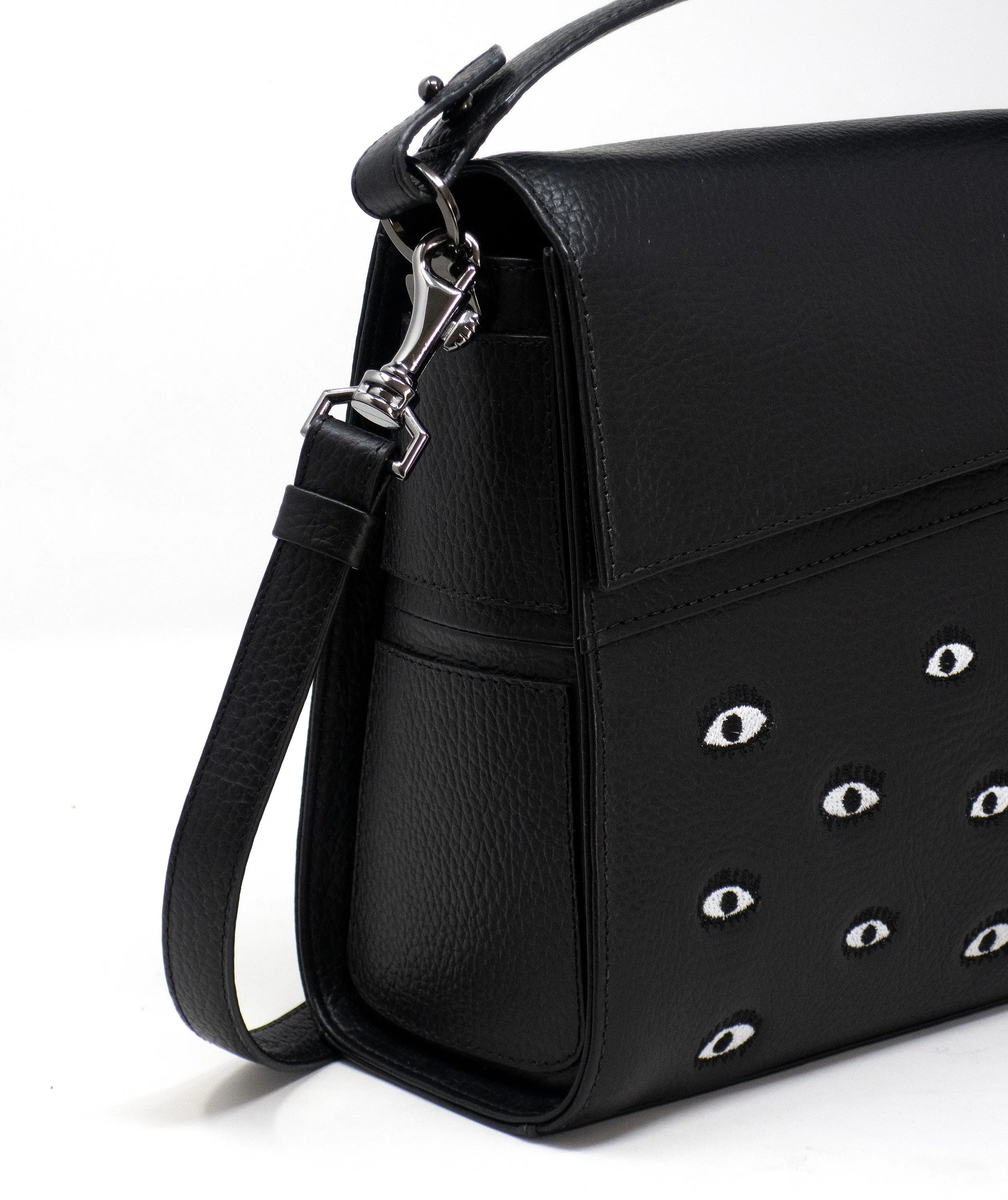 Anastasio Medium Crossbody Handbag Black Leather - All Over Eyes Embroidery