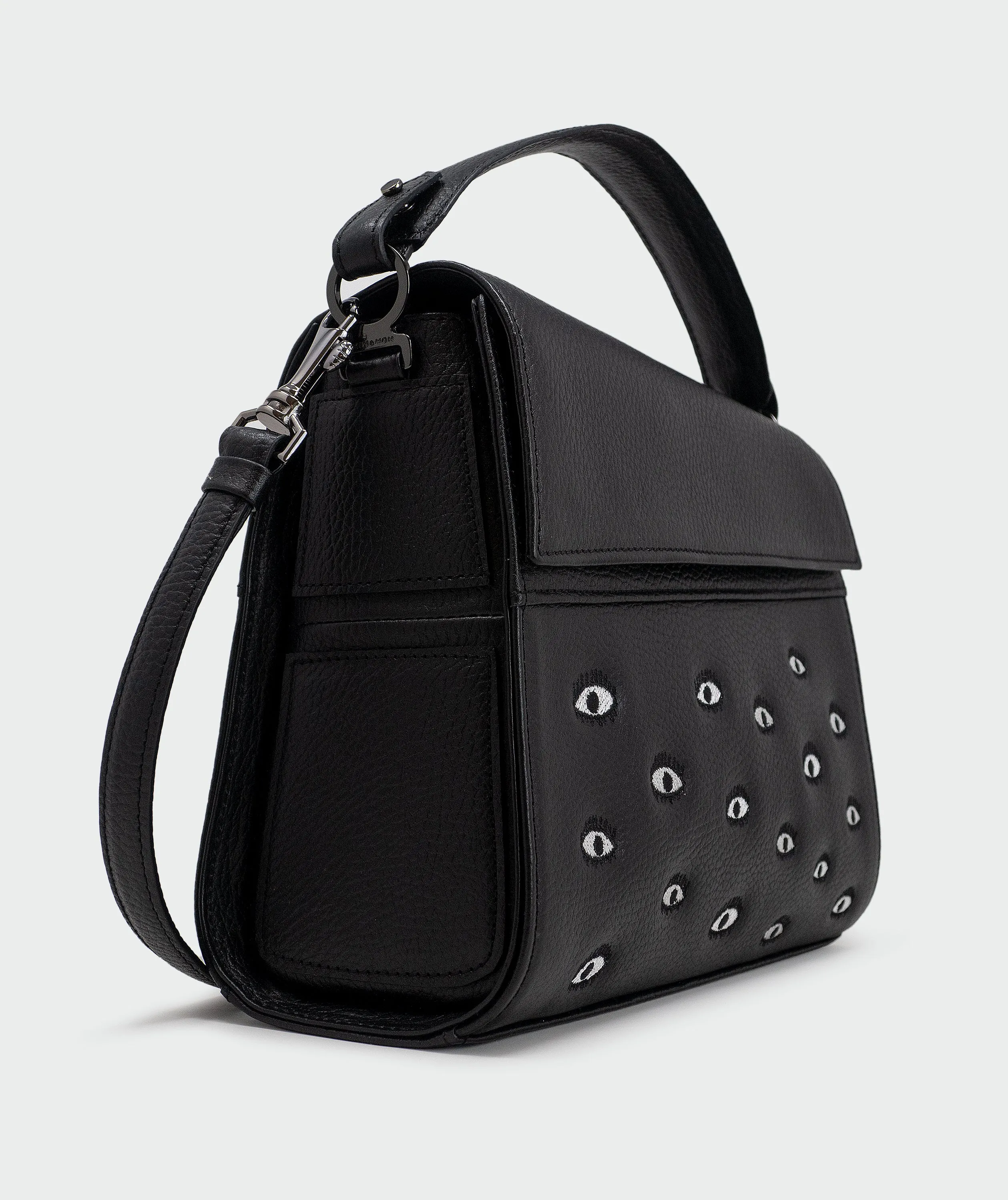 Anastasio Medium Crossbody Handbag Black Leather - All Over Eyes Embroidery