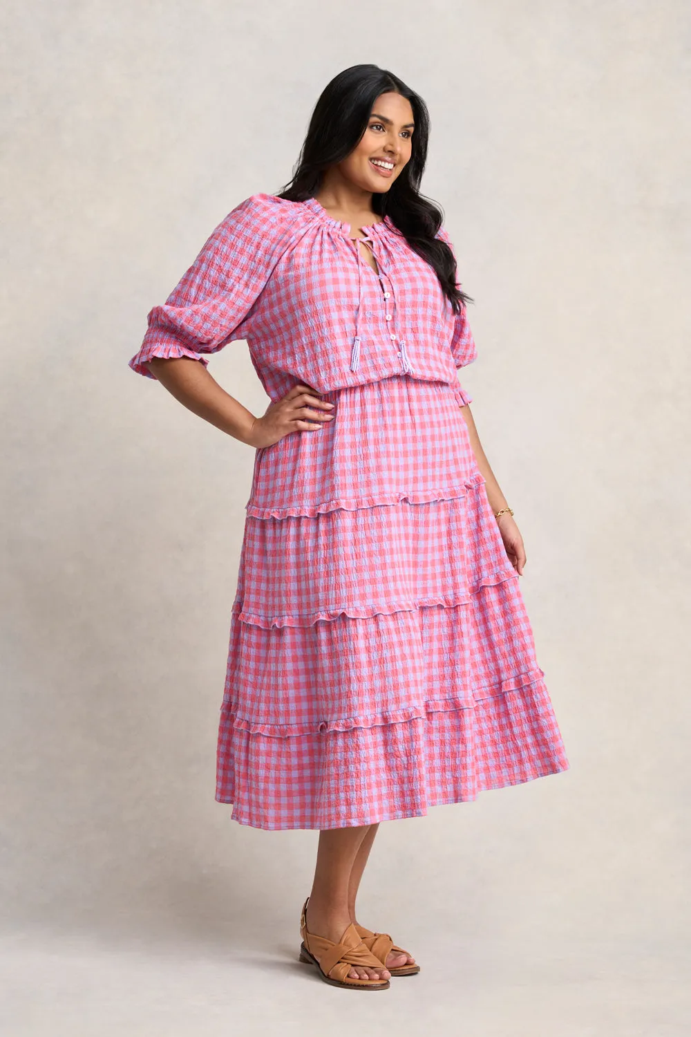 Cotton Gingham Tiered Dress - Lilac & Coral Gingham