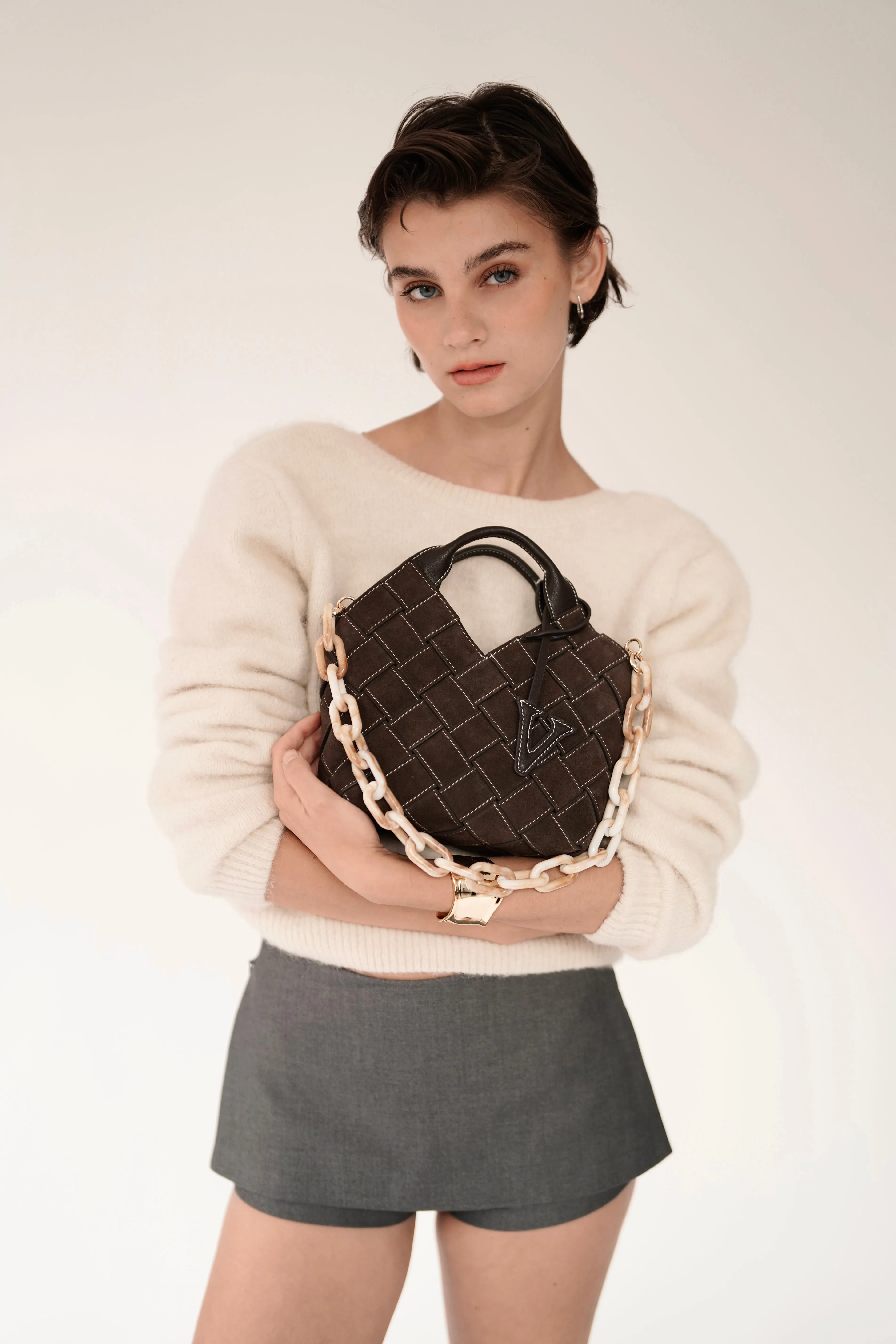 Espresso Suede Woven Basket Bag