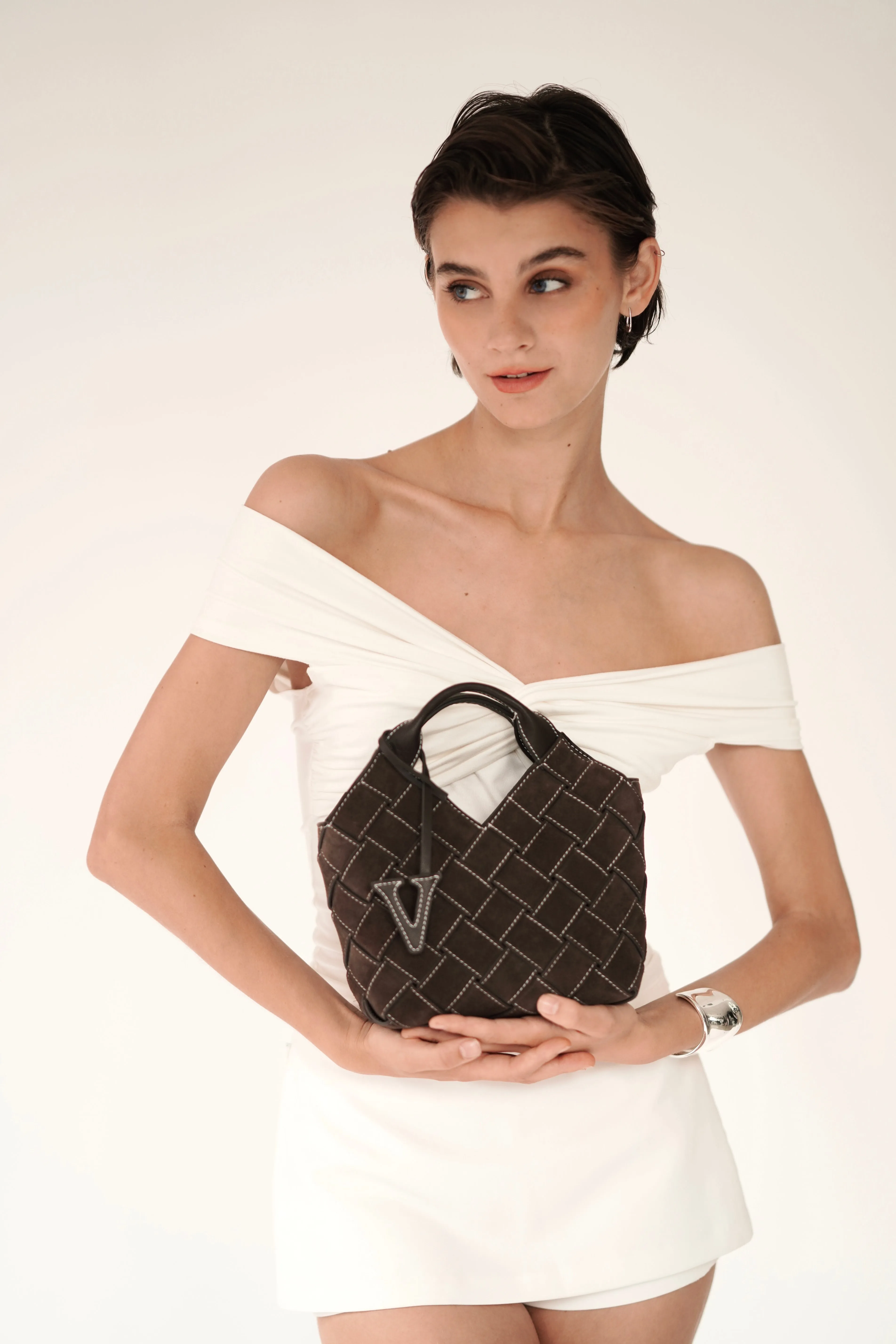 Espresso Suede Woven Basket Bag