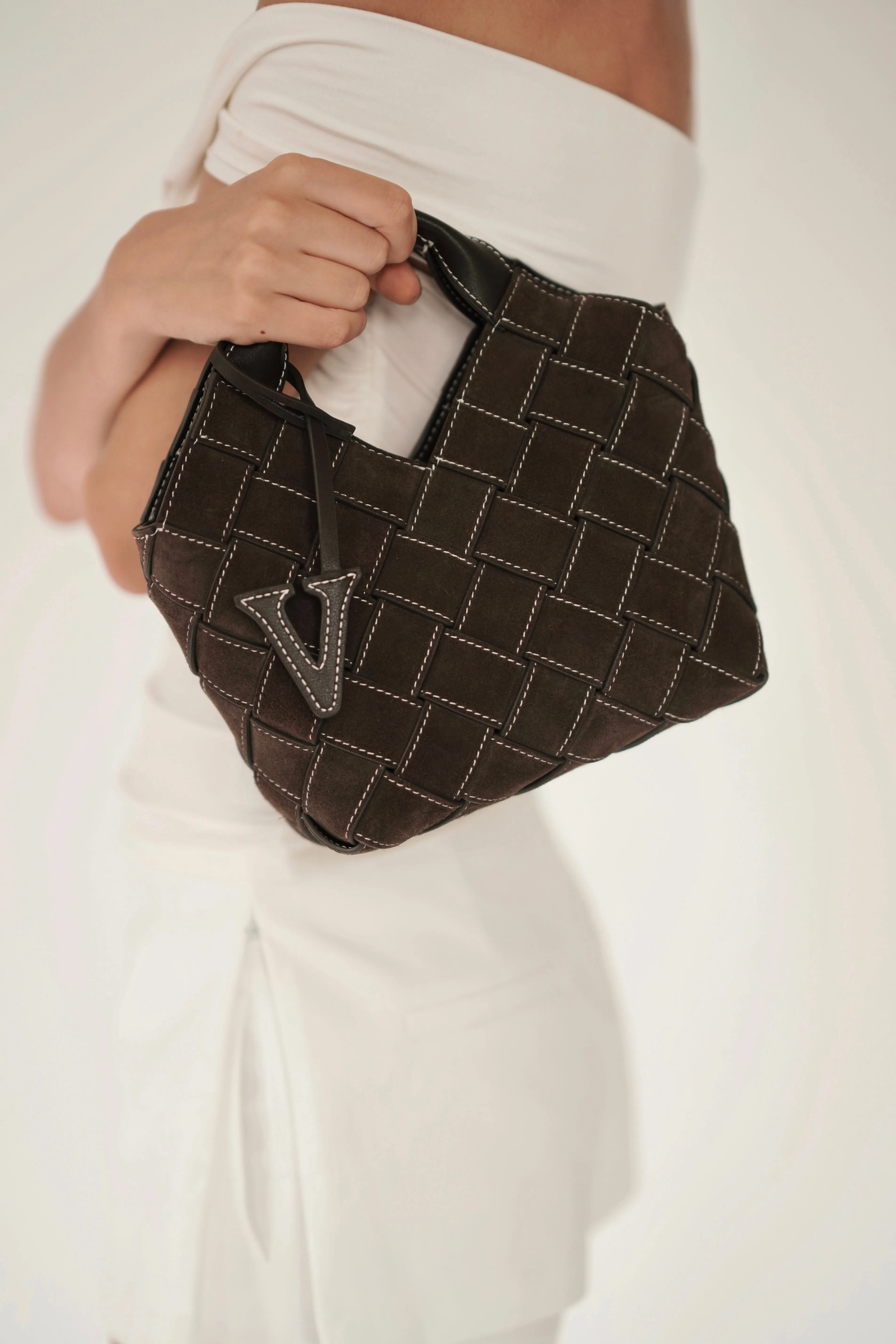 Espresso Suede Woven Basket Bag