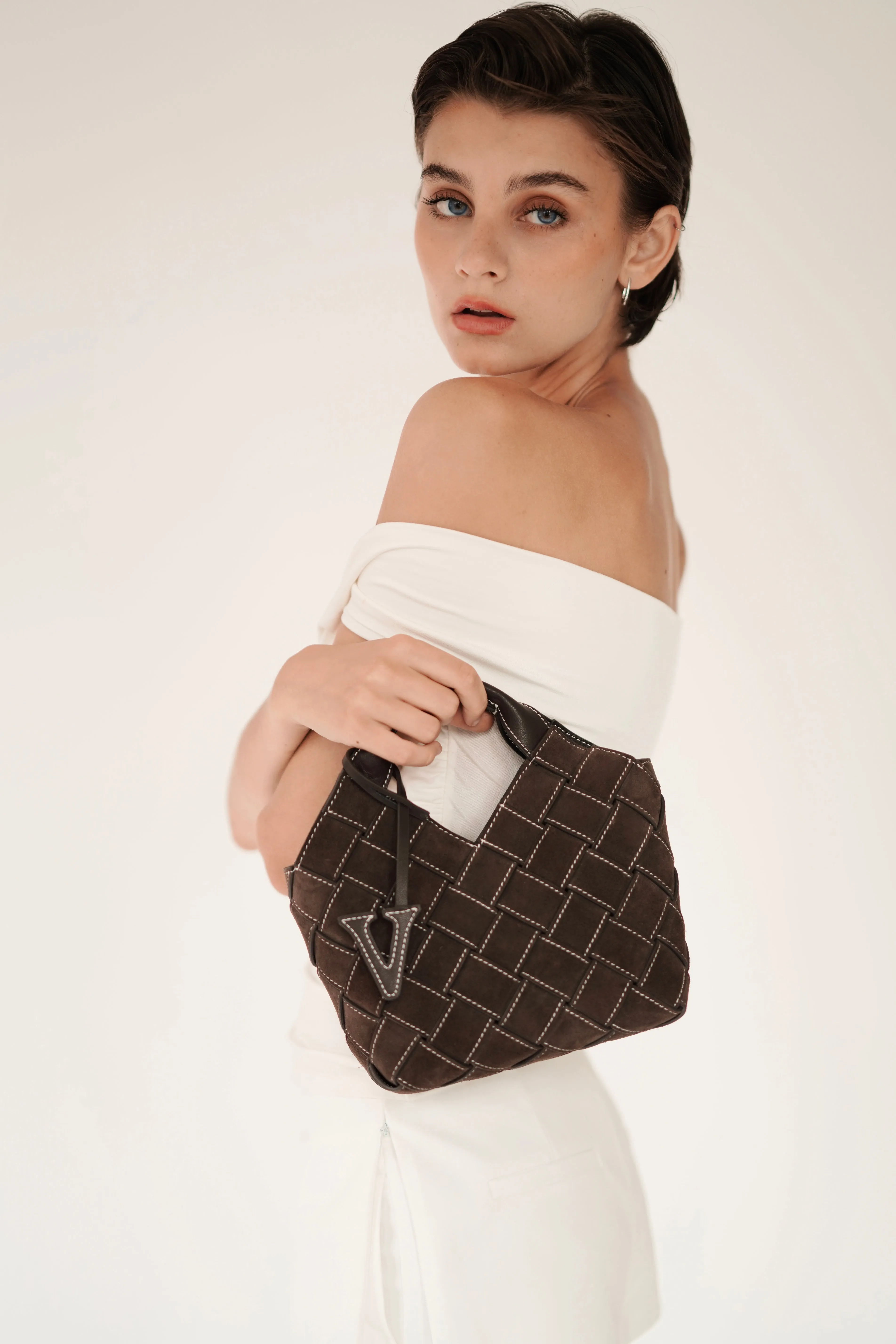 Espresso Suede Woven Basket Bag