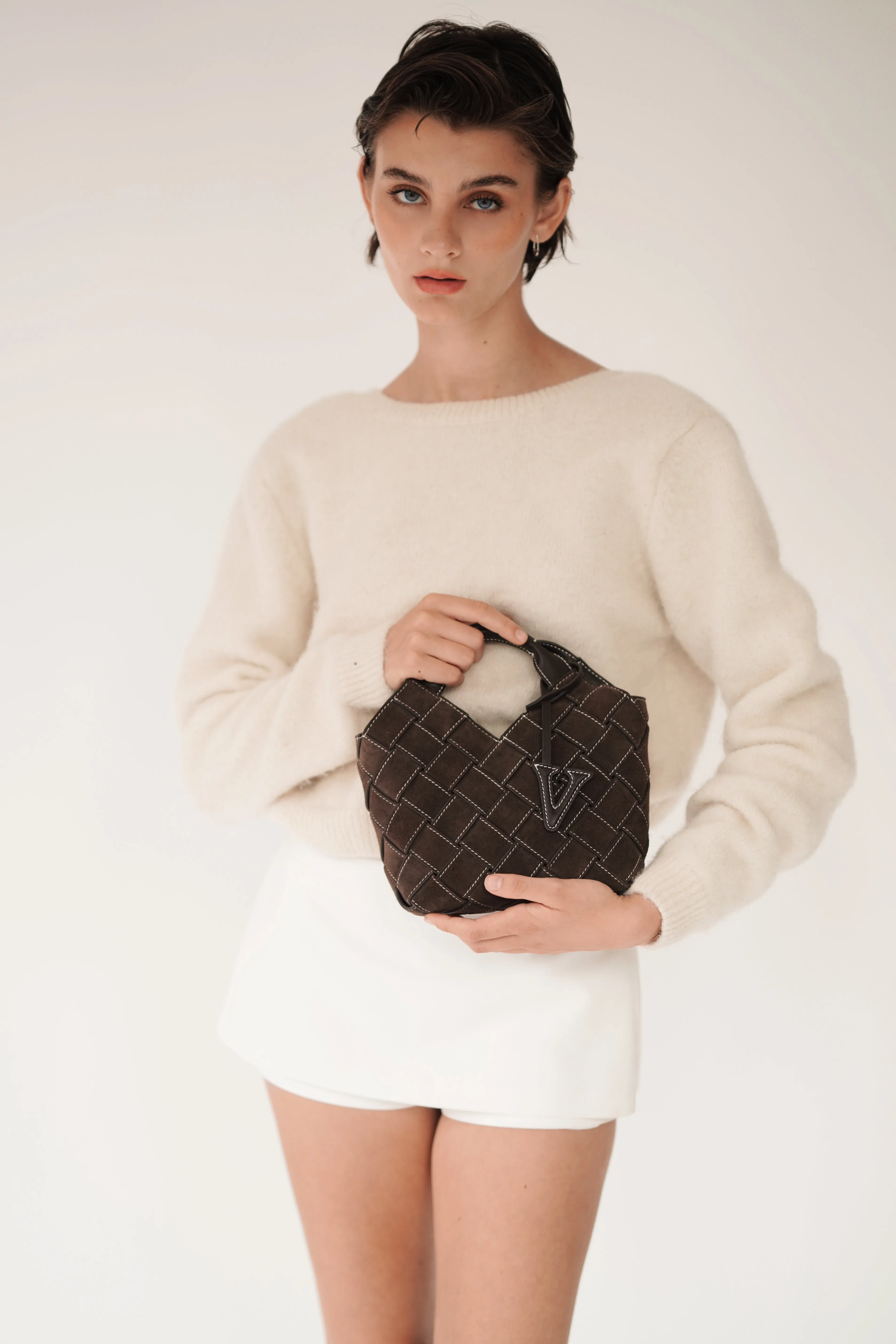Espresso Suede Woven Basket Bag