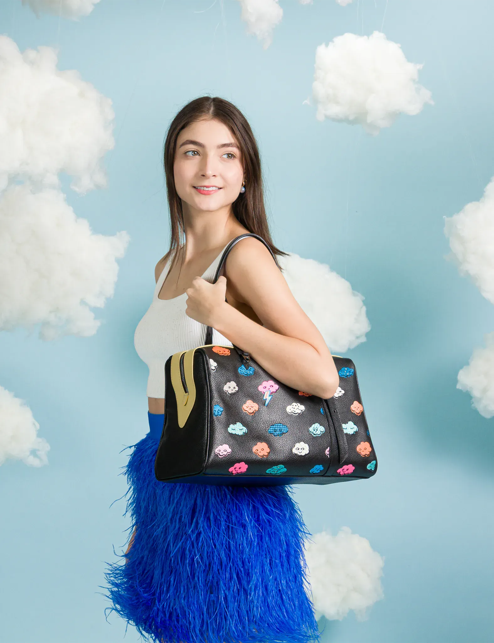 Esther Large Black Duffle Bag - Happy Clouds Design