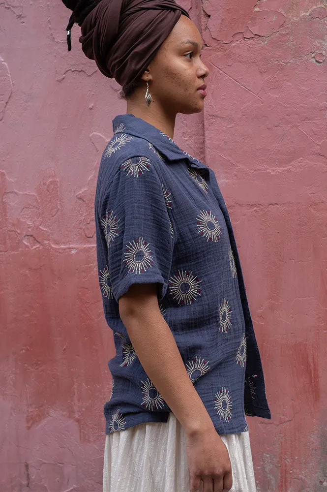 Far Afield Stachio Sol Navy Iris Embroidered Shirt