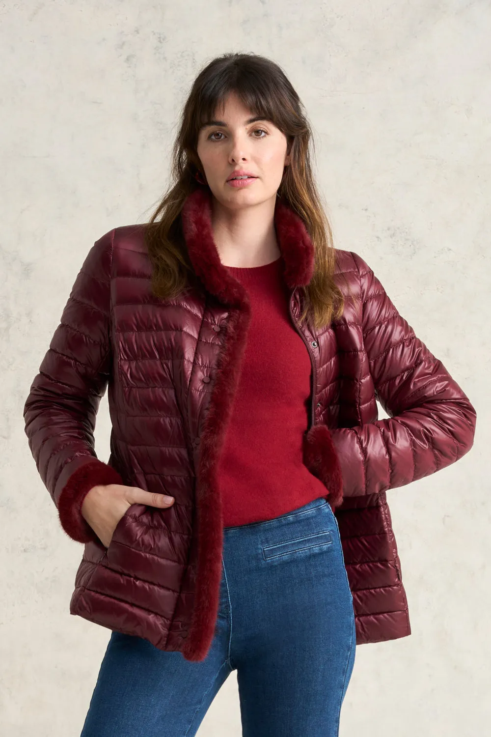 Faux Fur Trim Puffer - Garnet
