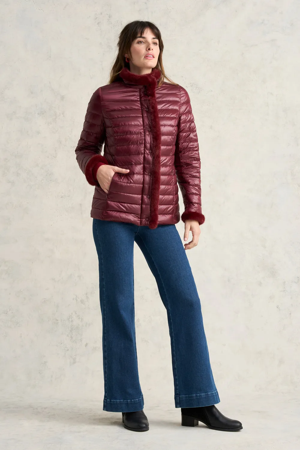 Faux Fur Trim Puffer - Garnet
