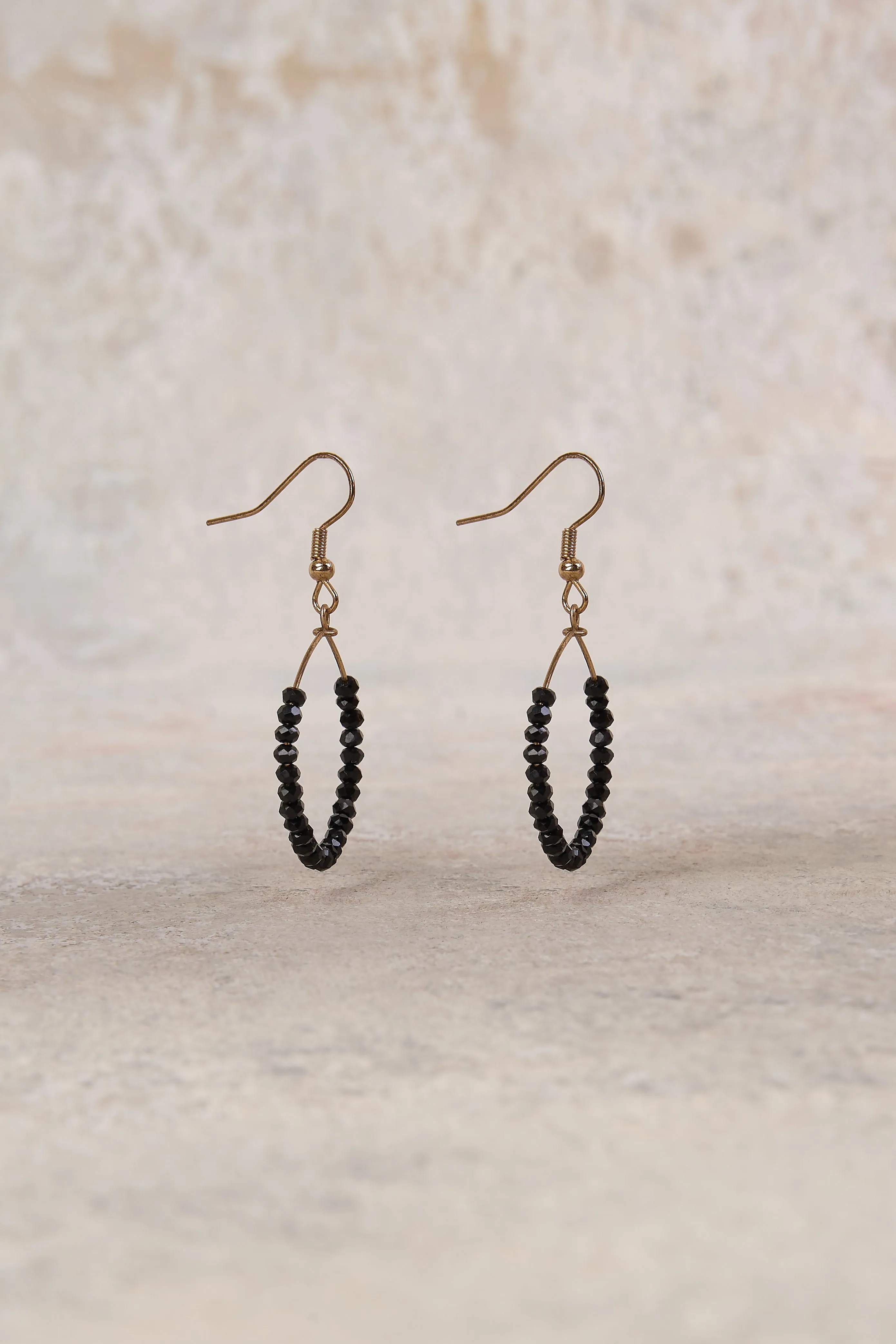 Glass Beaded Hoop Earrings - Black