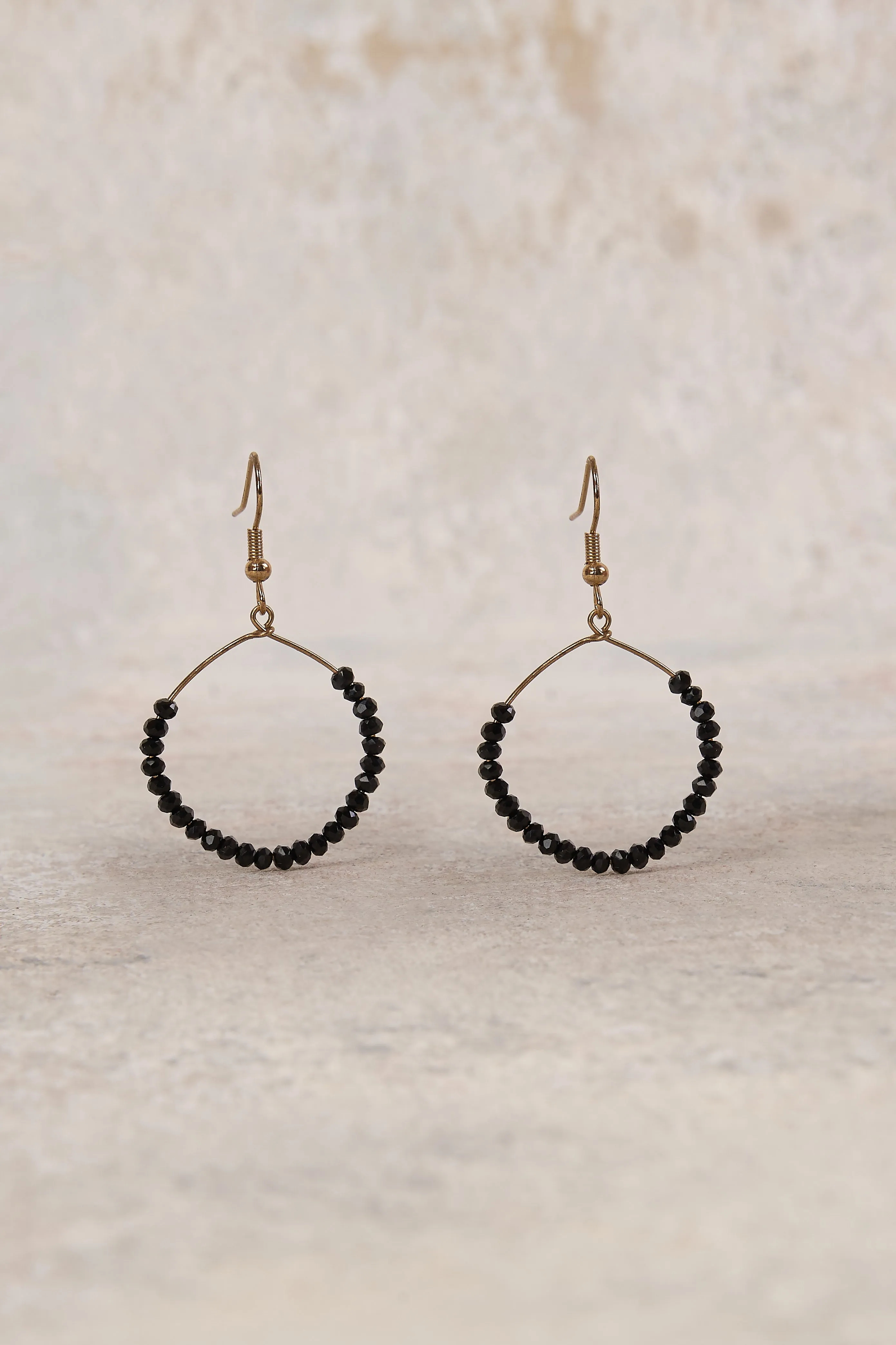 Glass Beaded Hoop Earrings - Black