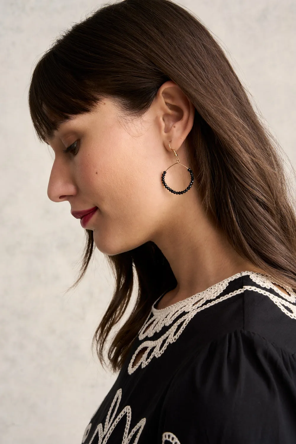 Glass Beaded Hoop Earrings - Black