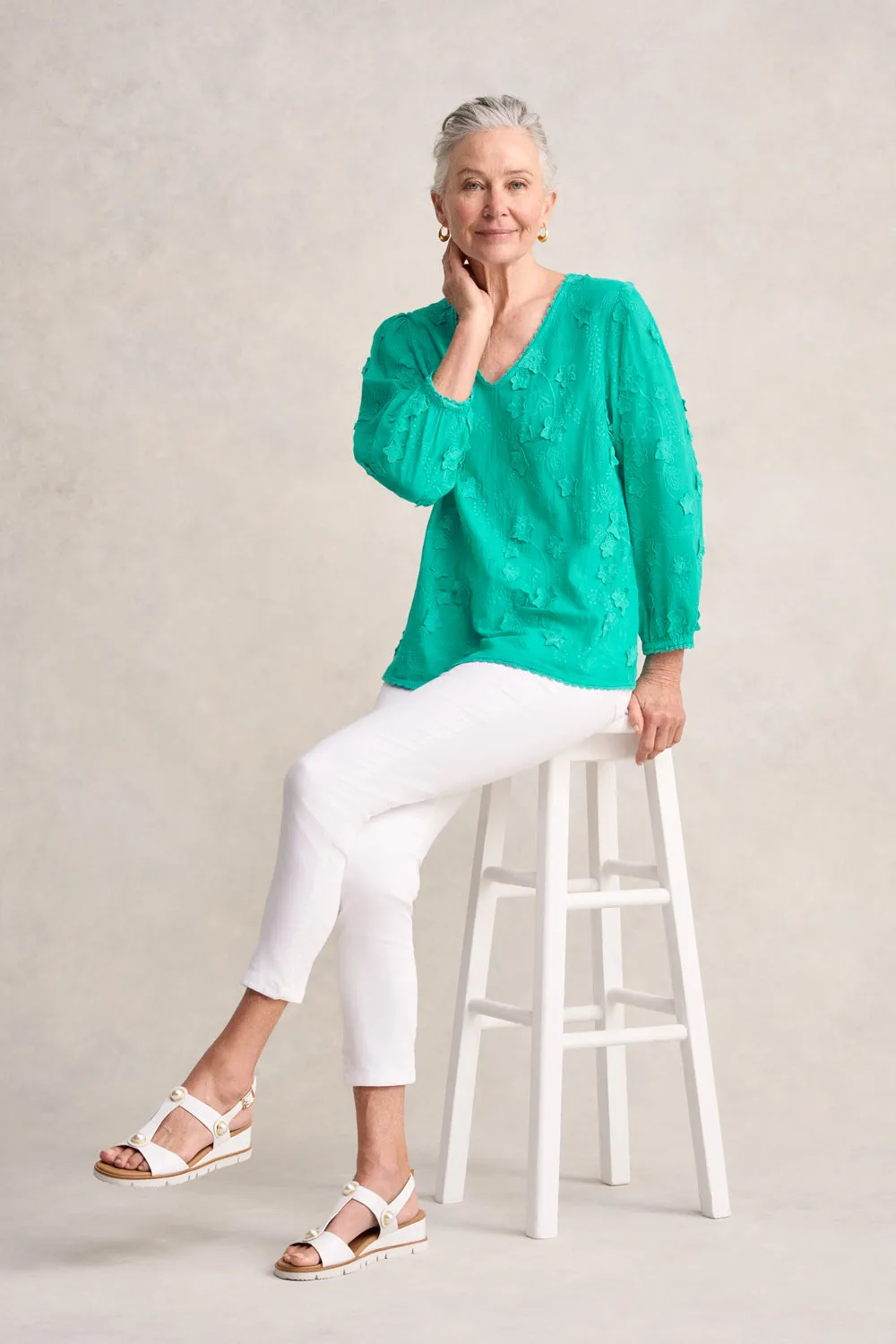 Lace Trim Embroidered Top - Sea Glass