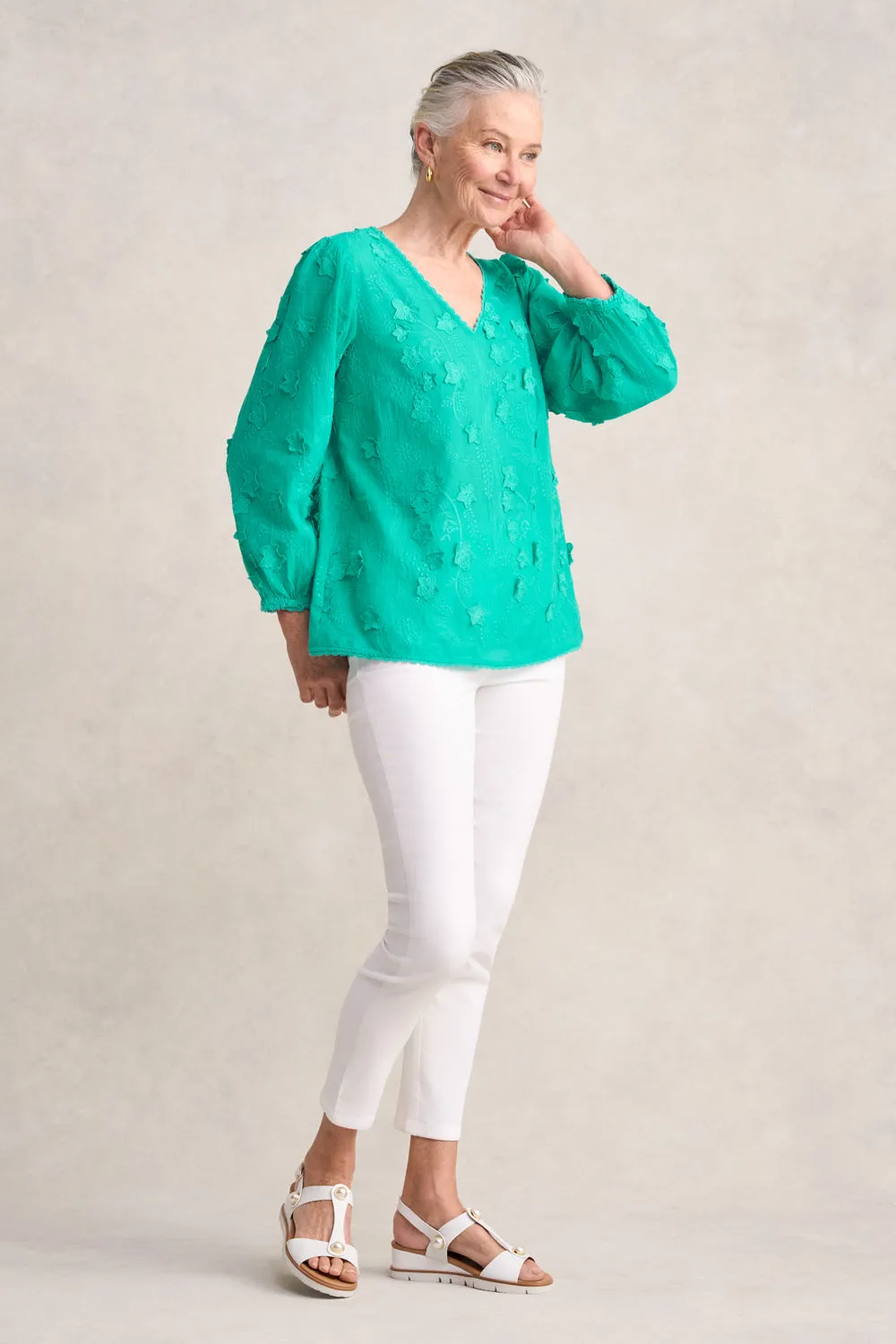 Lace Trim Embroidered Top - Sea Glass