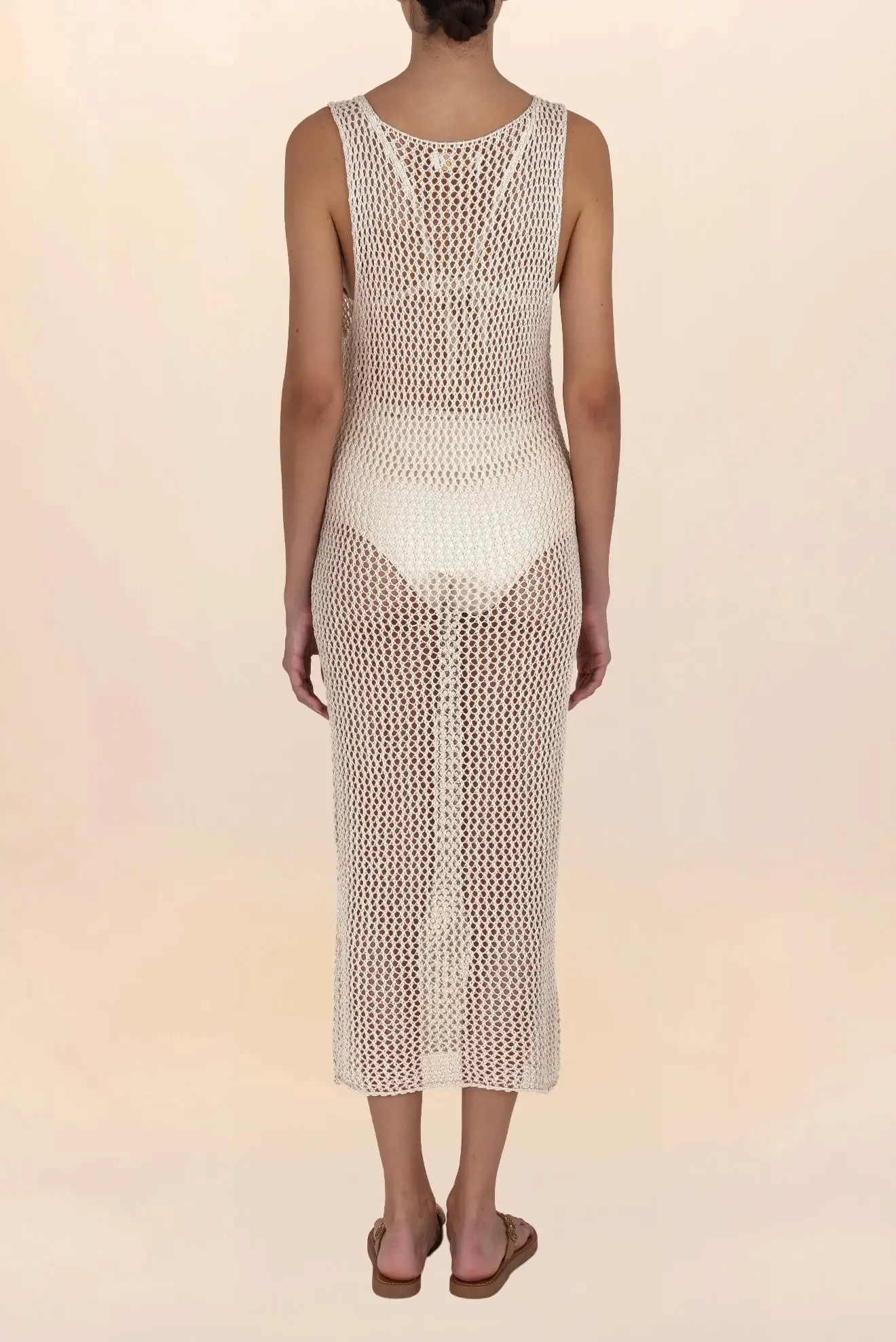 Long natural crochet V-neck dress