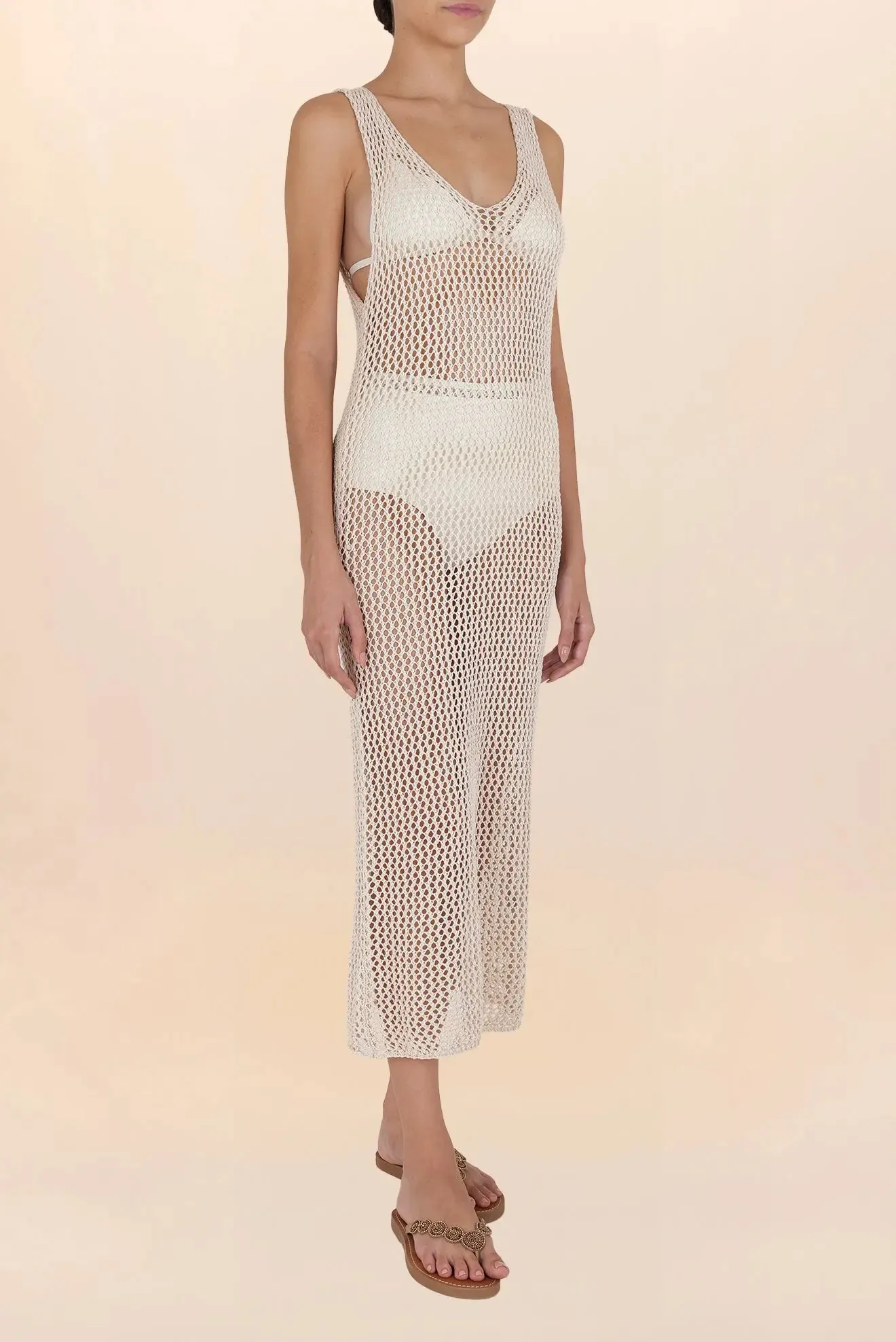 Long natural crochet V-neck dress