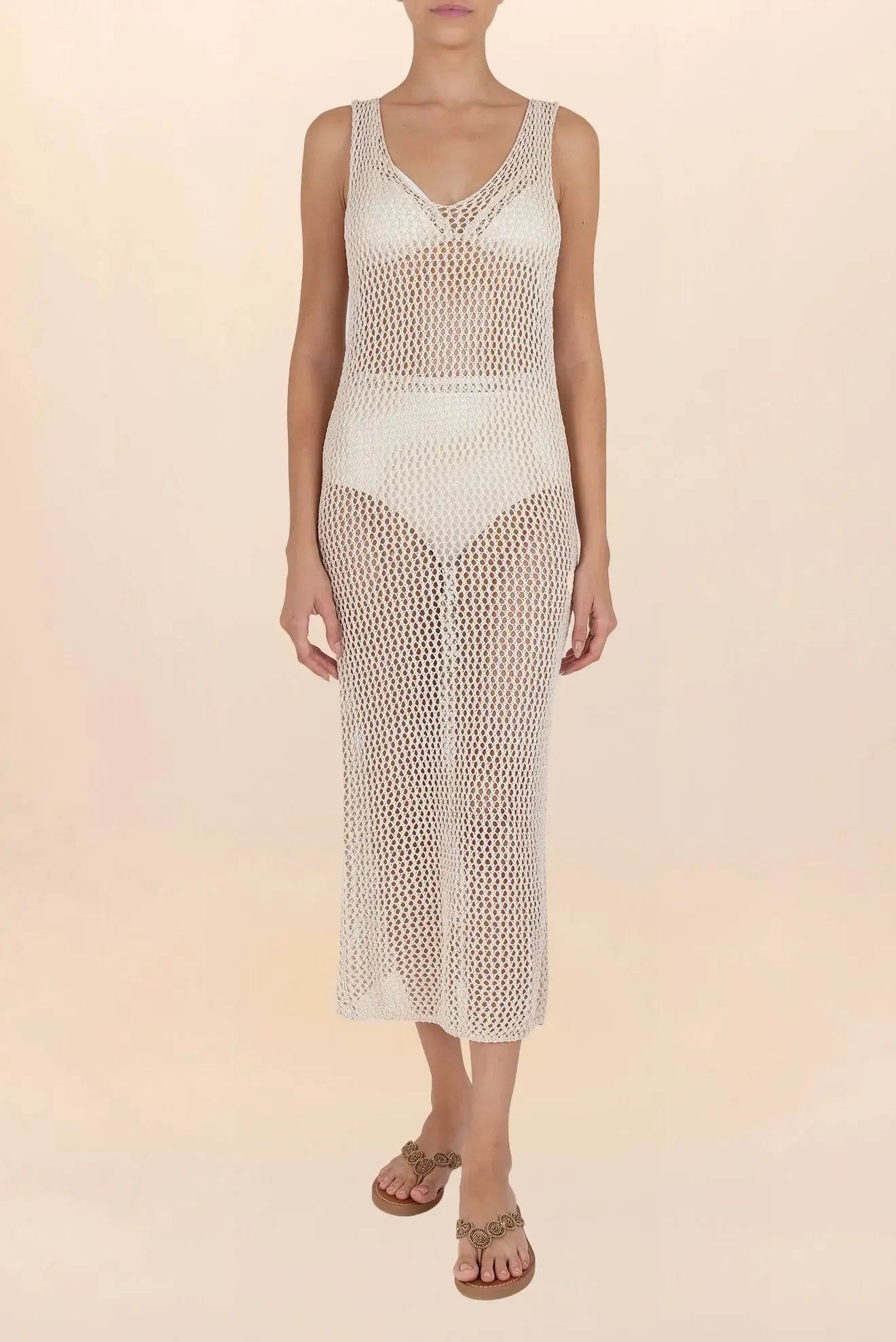 Long natural crochet V-neck dress
