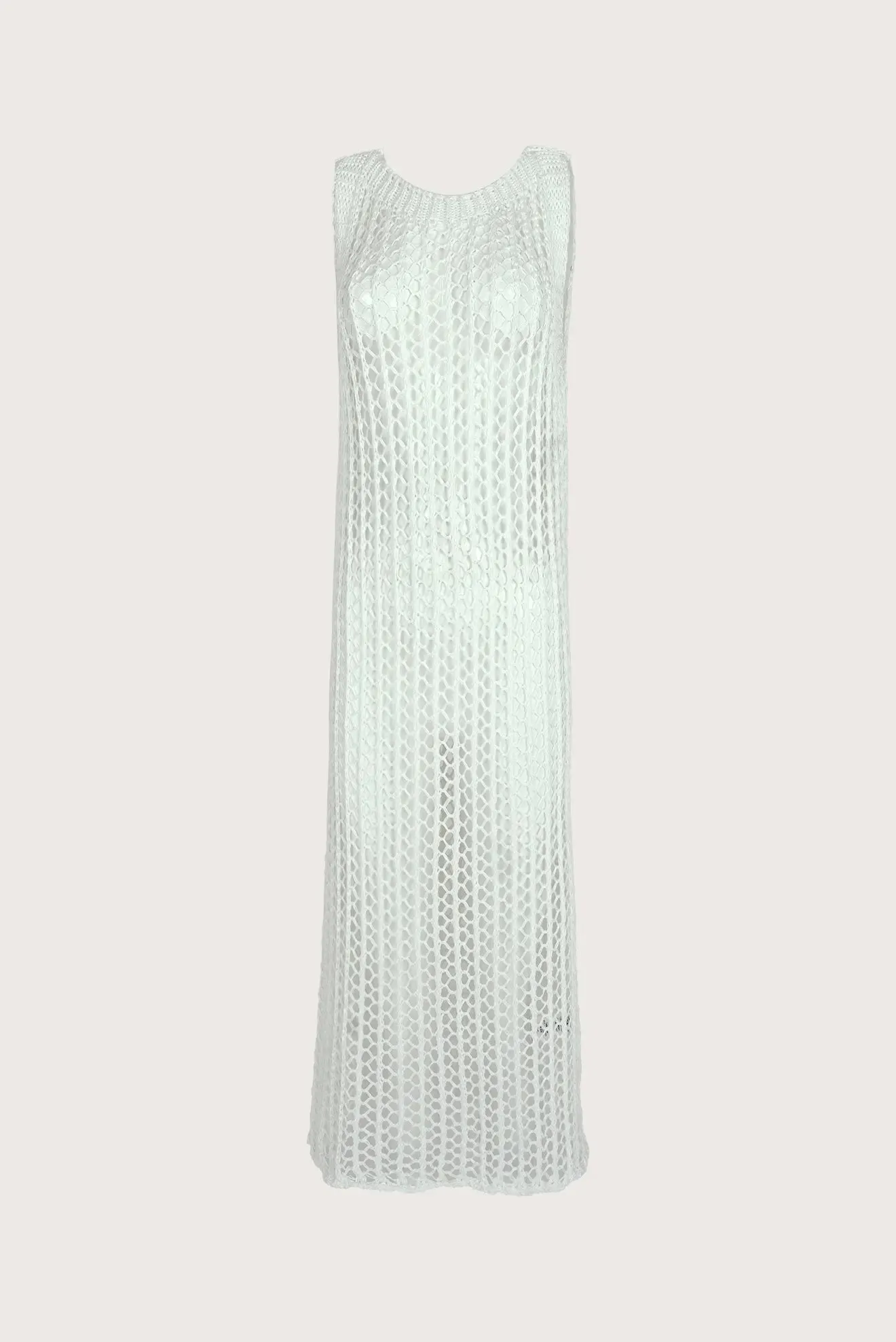 Long white sleeveless crochet dress