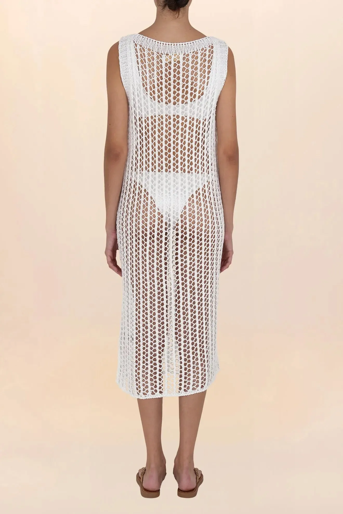 Long white sleeveless crochet dress