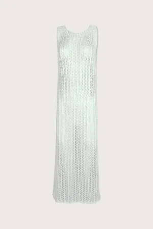 Long white sleeveless crochet dress