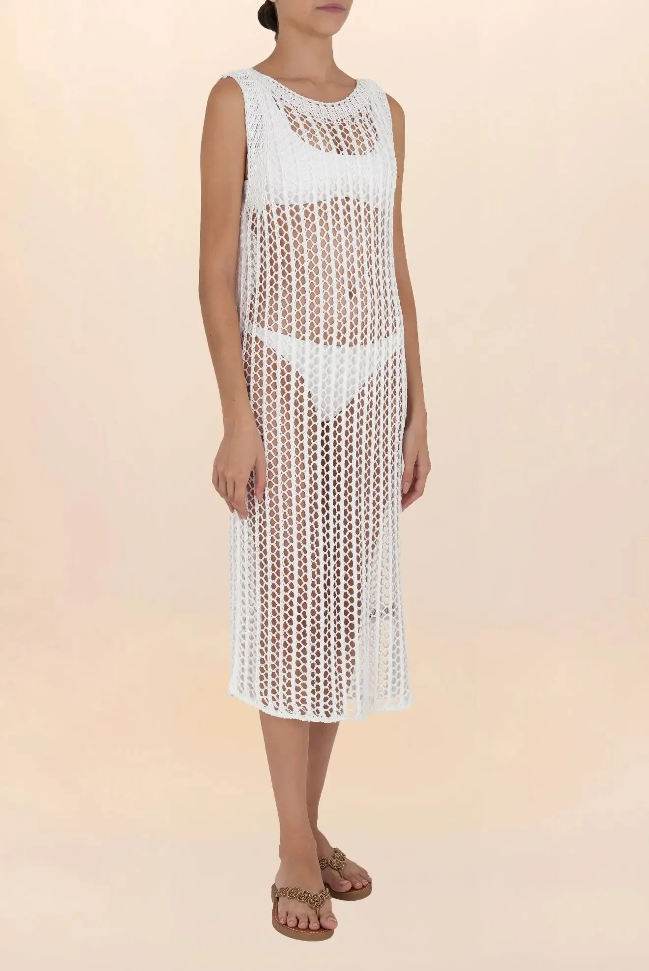 Long white sleeveless crochet dress