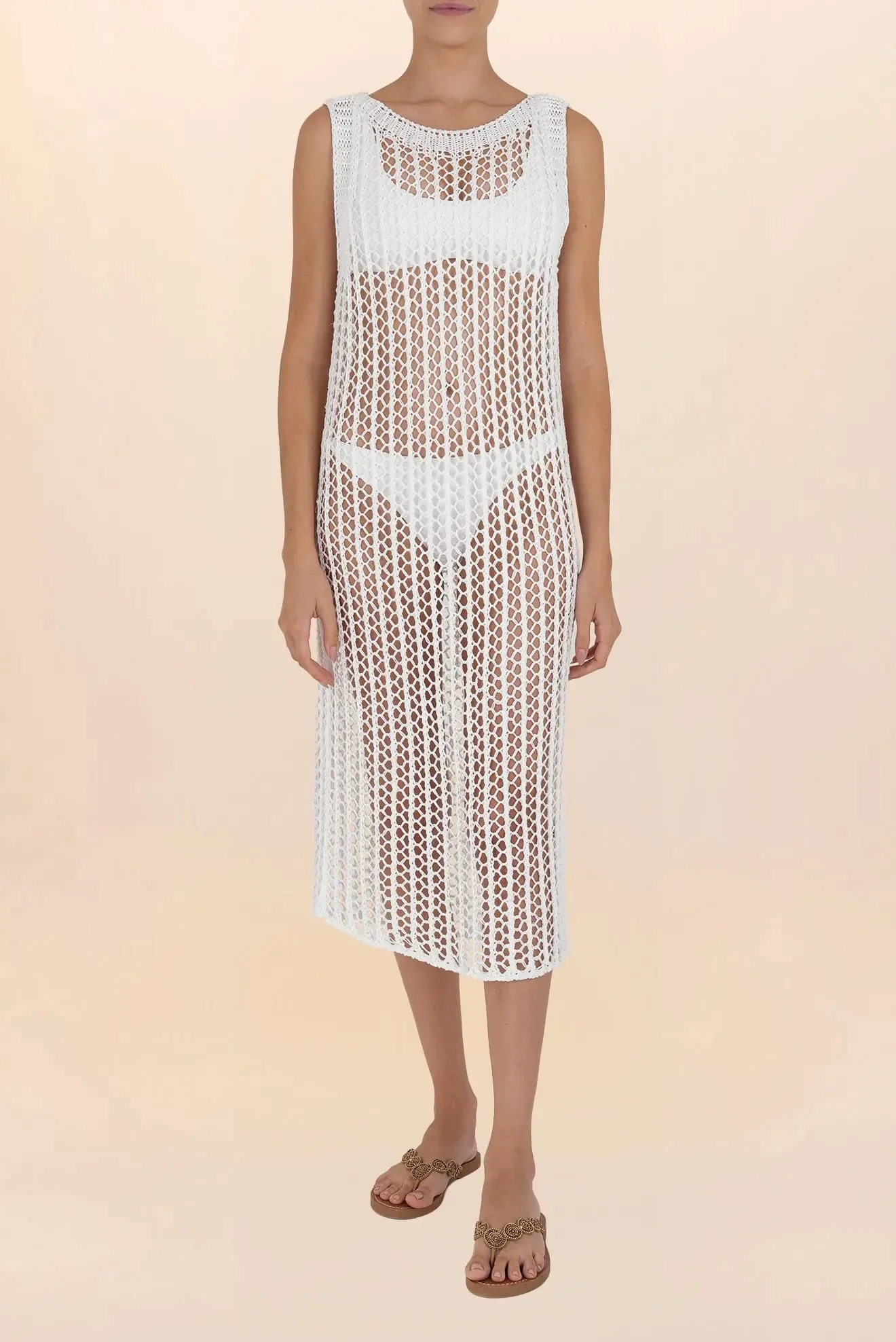 Long white sleeveless crochet dress