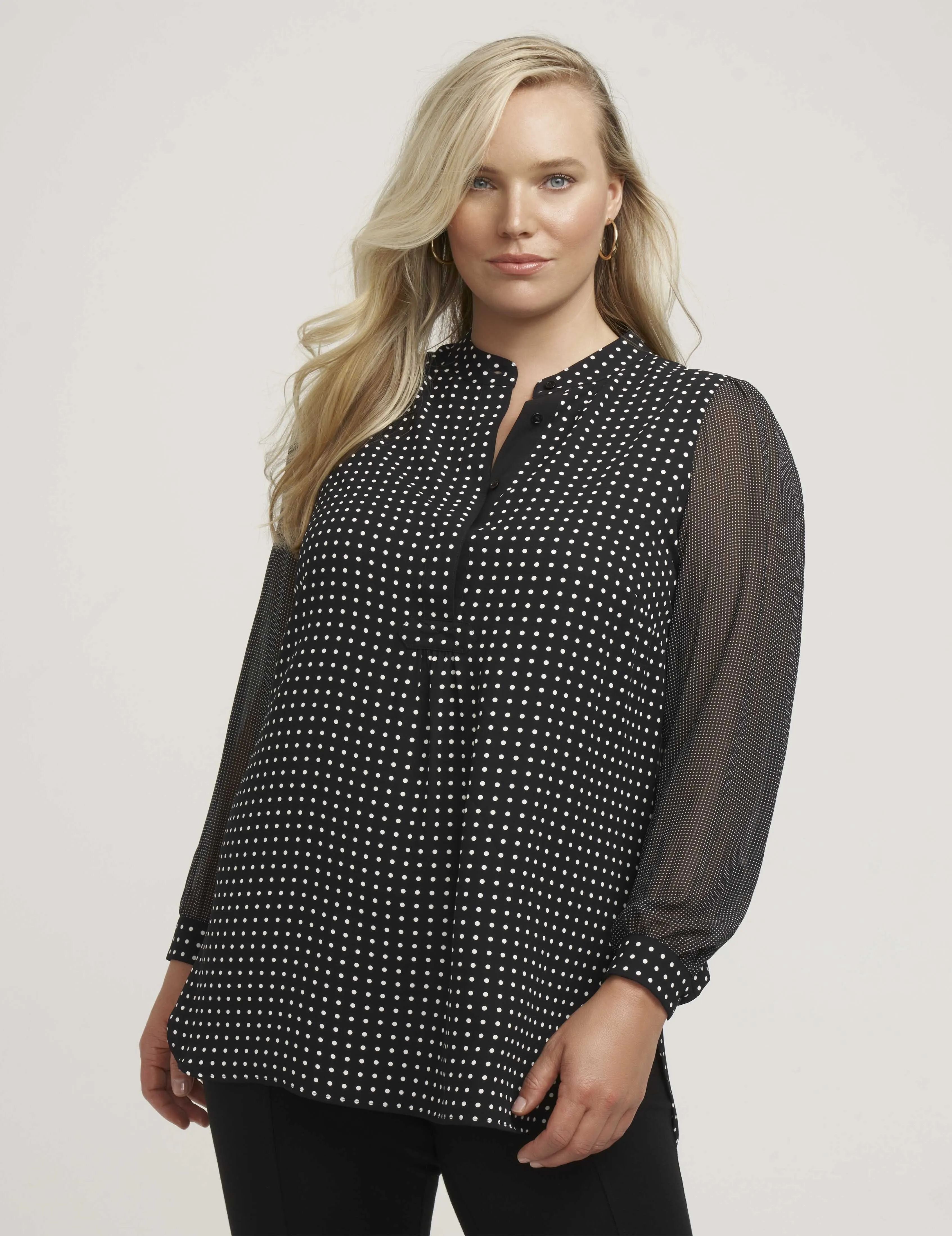 Plus Size Combo Sleeve Dot Print Poet Blouse -Sale