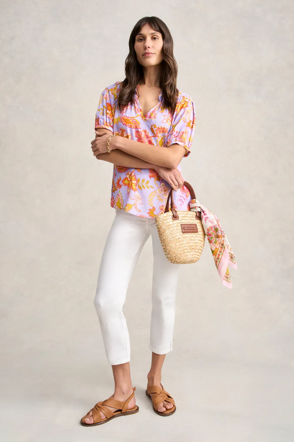Printed Frill Neck Blouse - Floral Lilac Print