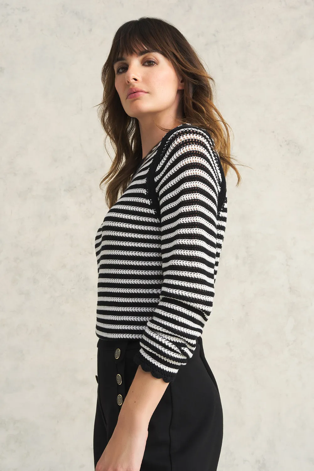 Stripe Cotton Crochet Jumper - Black & White Stripe