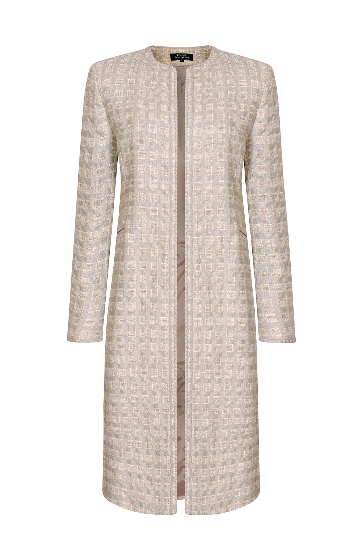 Tweed Dress Coat in Taupe/Ivory with Braid Edging - Vanya