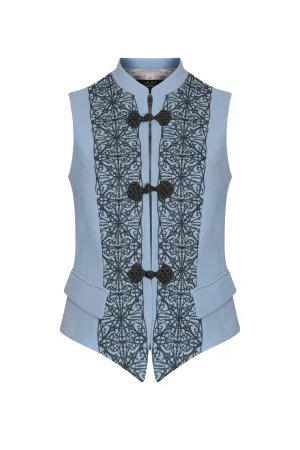 Waistcoat in Embroidered Sky Faille with Grey Frogging Fastening - Wendy
